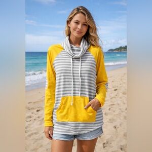 BARLVER XL Cowl Neck Hoodie Gray White Stripe Yellow Raglan Pullover Stretch